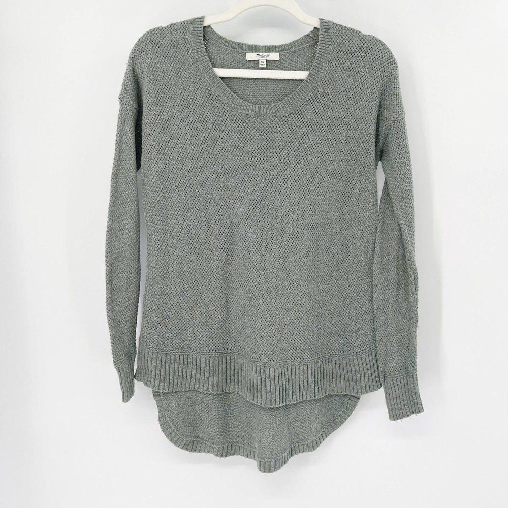 Madewell Chronicle Texture Pullover Sweater XS Green Crewneck‎ Hi-Low Open Knit